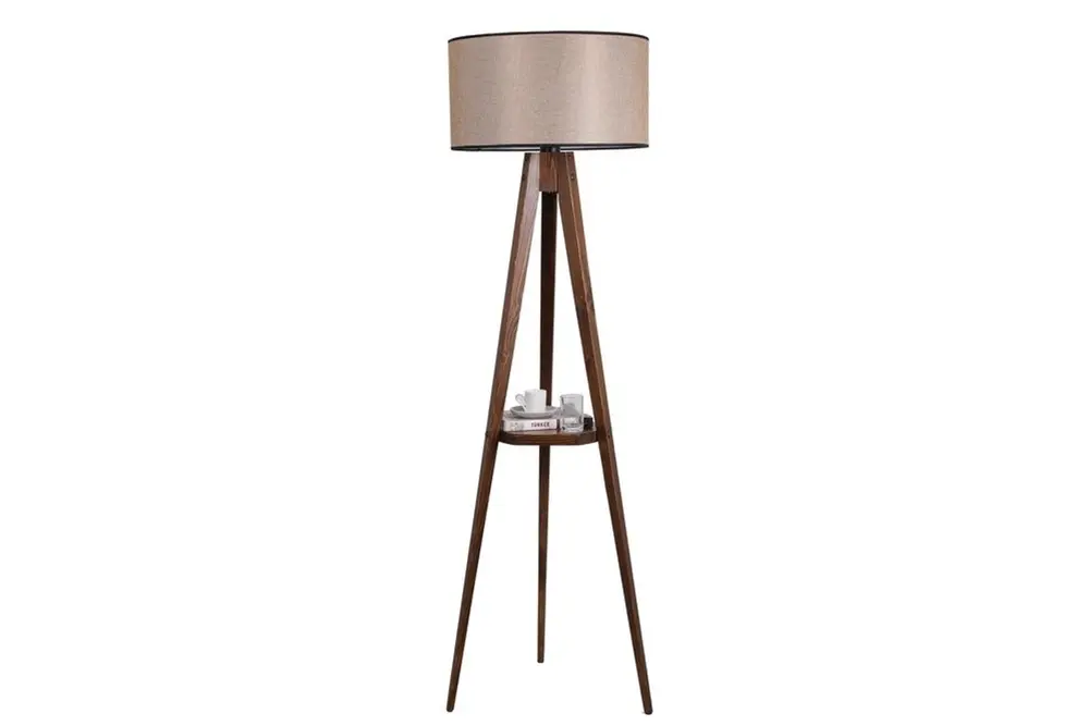 Sehbalı Tripod Ceviz Lambader Silindir Açık Hasır Abajurlu