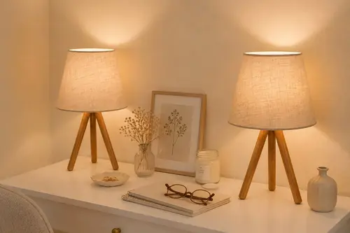 Evlight İkili Set Üç Ayaklı Ahşap Abajur, Kum Beji