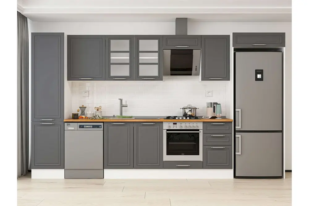 Alvinka 385X222 Cm Klasik Mebran Mutfak Dolabı, Mbb E90B50S45 3 Mebran Antrasit Mdf