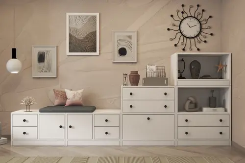 Luna Raflı Askılıklı Puflu Çekmeceli Beyaz Vestiyer Çıtasızı 259 Cm Vst 1098 Ç