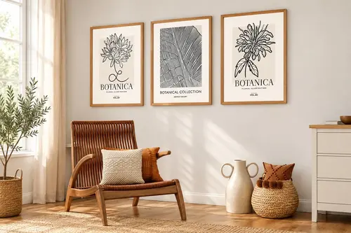 Premium Ahşap Çerçeveli Üçlü İskandinav Bohem Tablo Seti, Set6, 50X35Cm