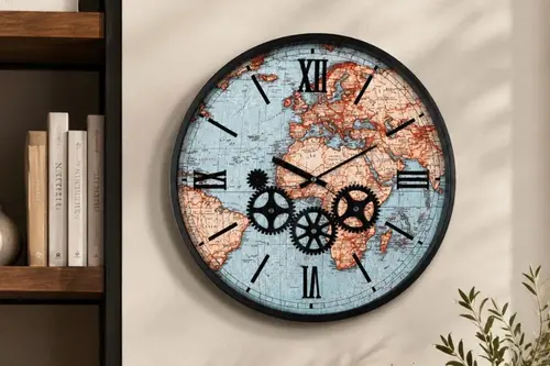 Muyika Atlas Duvar Saati, Renkli Çarklı, 47 Cm