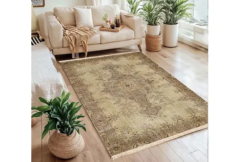 Vintage Madalyon Desenli Bej Halı, Dokuma Taban Halı, 336 Yng, 60X120 Cm