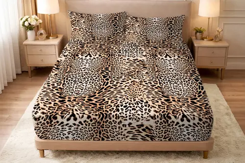 Leopar Lastikli Çarşaf, Kahverengi, Tek Kişilik