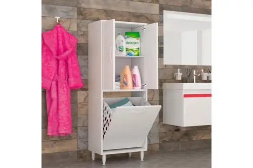 Nisa Kirli Çamaşır Sepetli Banyo Dolabı 2 Kapaklı, Beyaz