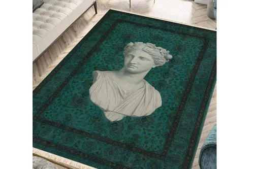 Zümrüt Yeşili Mitolojik Büst Tasarımlı Eskitme Dekoratif Dokuma Taban Halı, 333 Yng, 60X120 Cm