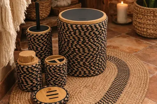 Altılı Banyo Seti, Naturel, Hasır Görünümlü