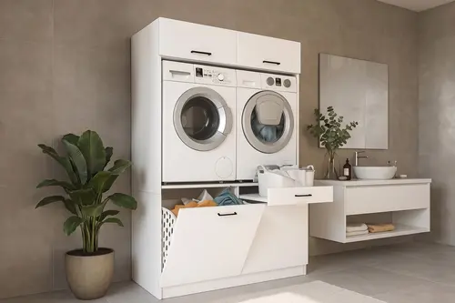 Lipa Çamaşır Ve Kurutma Makinesi Banyo Dolabı, Kirli Sepetli, Beyaz