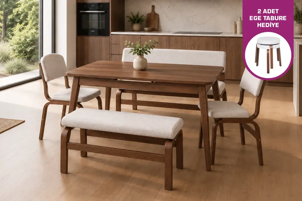 Avanos Açılır Masa Takımı, Banklı, Ceviz, 70X120+30 Cm