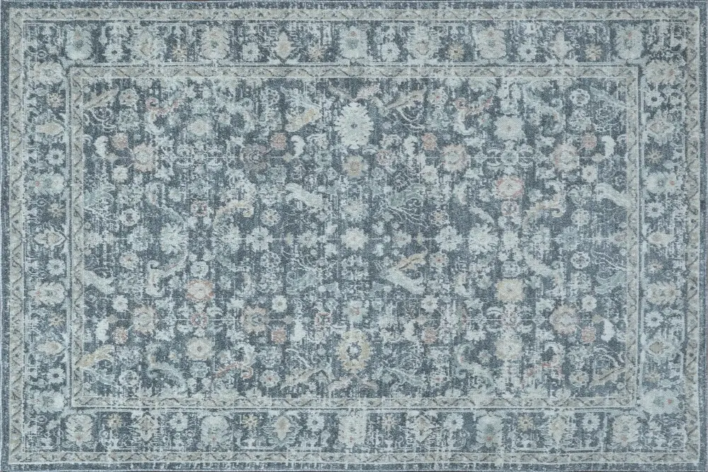 Mavi Ve Antrasit Eskitme Desenli Vintage Halı, 60X90