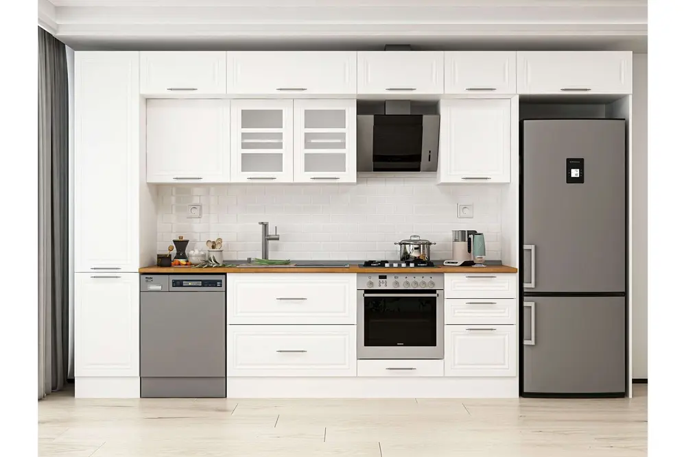 Alvinka 375X240 Cm Klasik Mebran Mutfak Dolabı, Mbb E80B45S50 3 Mebran Beyaz Suntalam