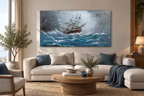 Yelkenli Gemi Ve Fırtına Orijinal Yağlı Boya Tablo