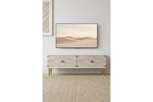 Alfa Tv Sehpası Beyaz Traverten Gold 120 Cm Tsa1297Btg