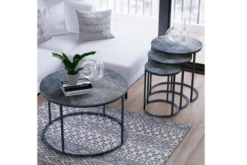Tubihome Sehpa Takımı, Siyah Ayak, Mermer Desen