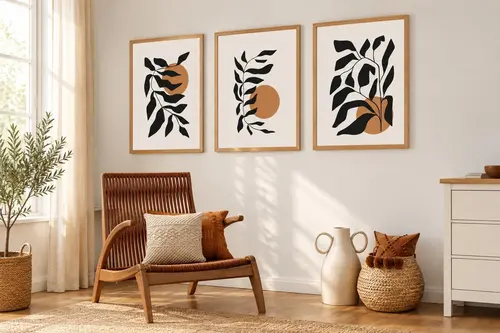 Premium Ahşap Çerçeveli Üçlü İskandinav Bohem Tablo Seti, Set2, 70X50Cm
