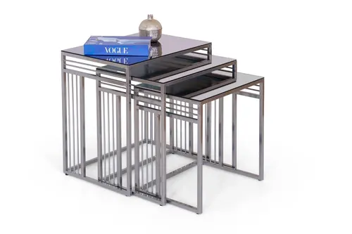 Milano Modern Sehpa Seti, Füme Cam Gümüş Metal Ayak