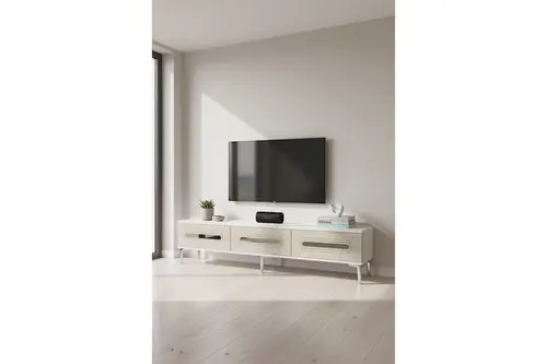 Rany Tv Sehpası, Beyaz Traverten Sılver, 180 Cm