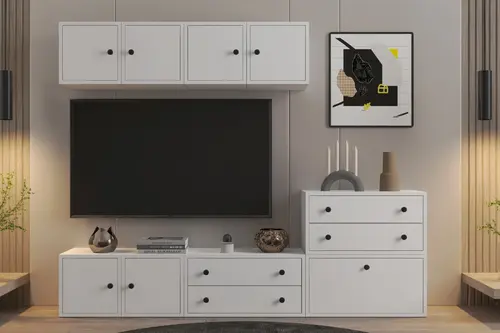 Leron Modüler Tv Ünitesi 4 Kapaklı Üst Blok + Alçak Dolap & Çekmeceler (Tv Ünitesi