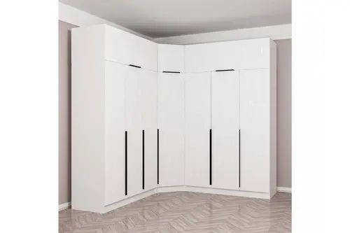 Kaleplus 7 Kapaklı 4 Çekmeceli Köşe Dolap Yüklük, Beyaz Mebran Beyaz Çizgili, 235 Cm