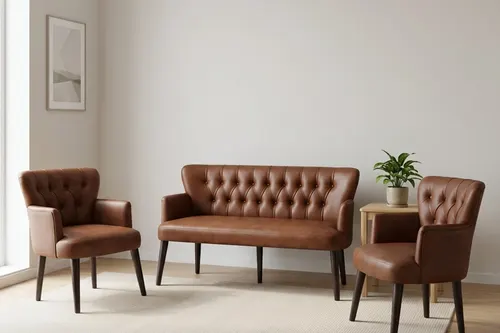 Roma 3+1+1 Deri Çay Seti Koltuk Bekleme Takımı Ahşap Siyah Ayak Acı Kahve