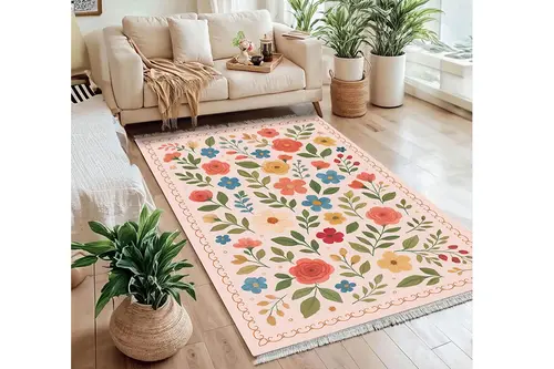 Pudra Çiçek Vintage Dokuma Taban Halı, 417 Yng, 60X120 Cm