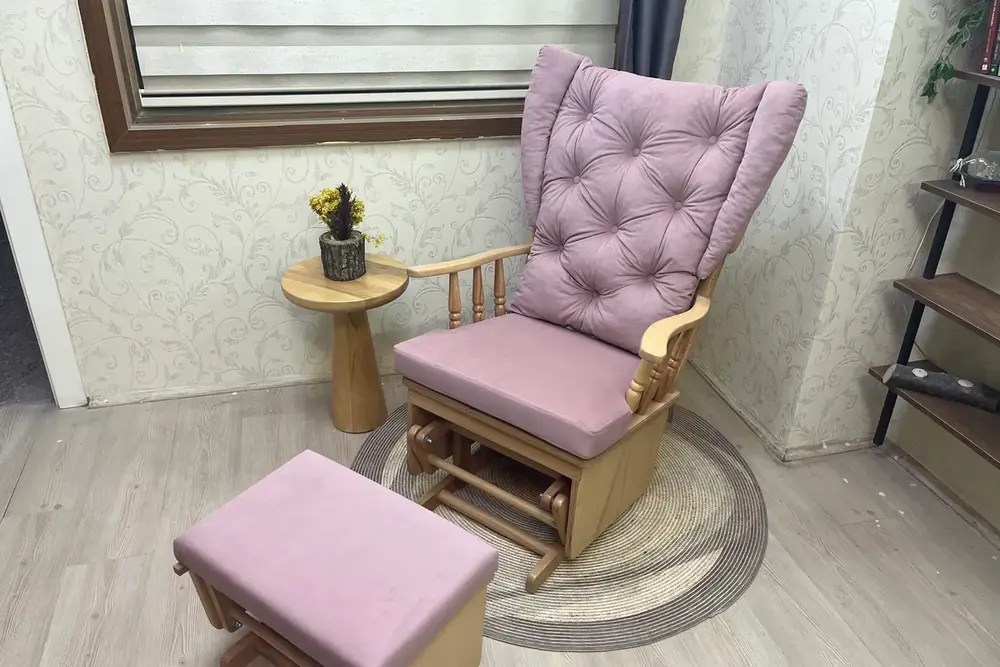 Mama Puflu Sallanan Sandalye, Anka Pembe, Naturel Ahşap