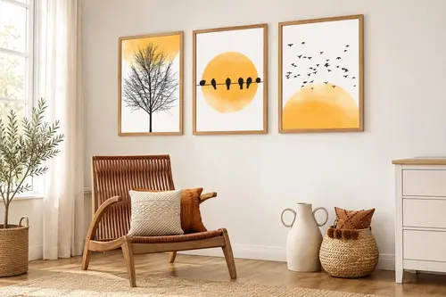 Premium Ahşap Çerçeveli Üçlü İskandinav Bohem Tablo Seti, Set7, 50X35Cm