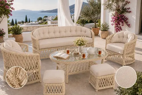 Bodrum Rattan Bahçe Balkon Oturma Grubu, 5 Kişilik, Bej