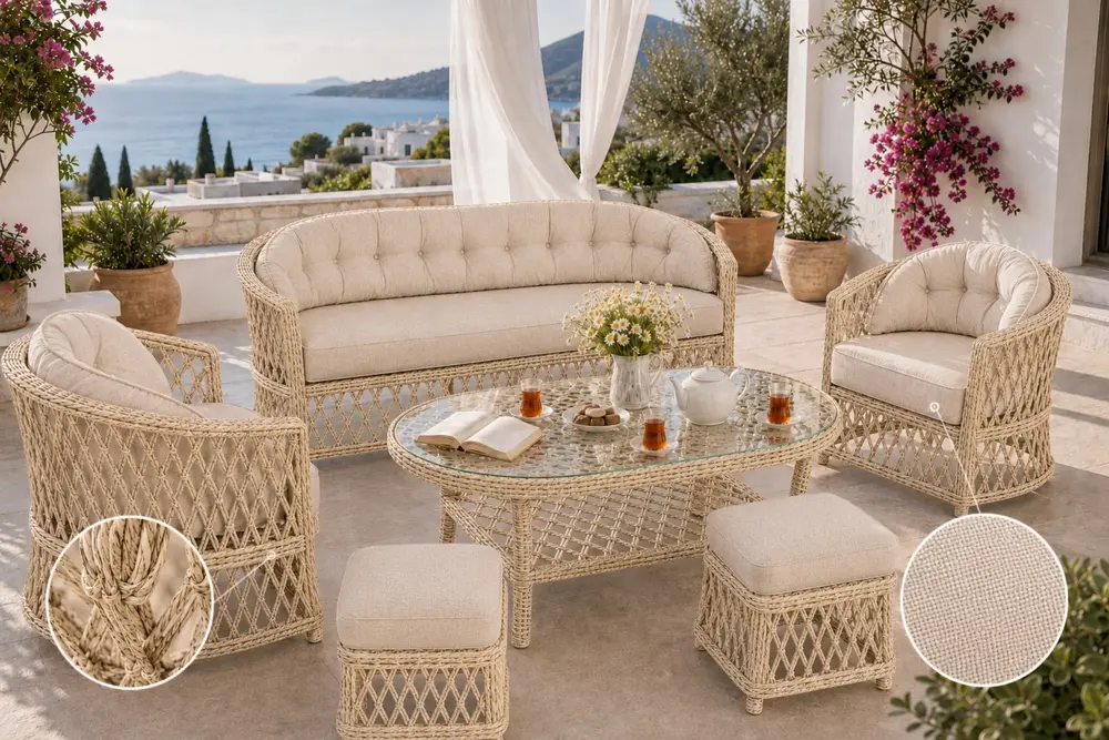 Bodrum Rattan Bahçe Balkon Oturma Grubu, 5 Kişilik, Bej