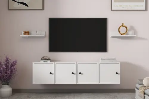 Leron Modüler Duvara Monte 4 Kapaklı Tv Ünitesi 2 Yüzer Raf Salon