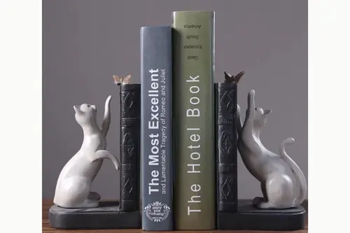Kedi Figürlü Kelebek Detaylı İkili Kitap Tutucu