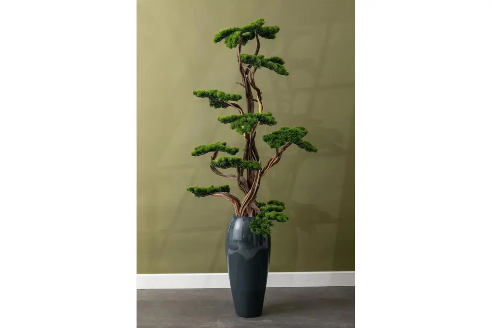 Flora Yapay Bonsai Ağacı, Gri Fiber Saksı, 40 Dal, 200 Cm