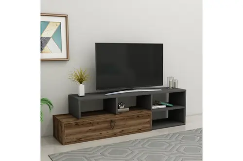 Duru Raflı Kapaklı Modern Tv Sehpası, Ceviz Antrasit