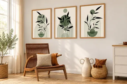 Premium Ahşap Çerçeveli Üçlü İskandinav Bohem Tablo Seti, Set5, 50X35Cm