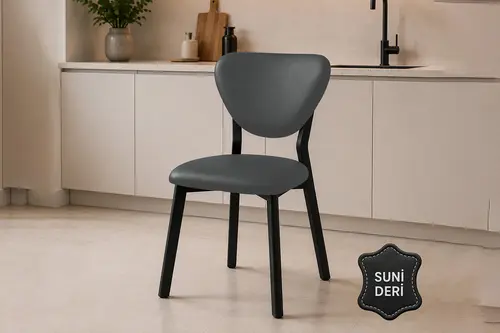 Elis Keten Mutfak Sandalyesi, Siyah Ayaklı, Suni Deri Gri