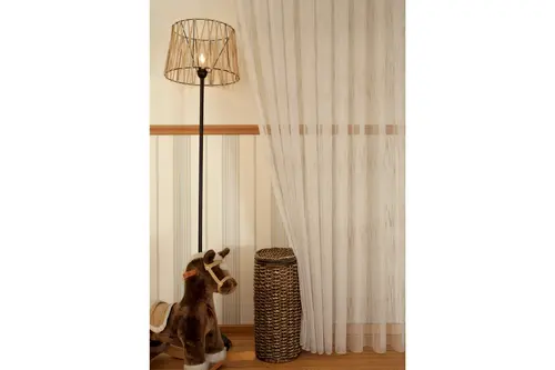 Çizgili Şantuklu Keten Tül Perde, Pilesiz, Bej, 100X260