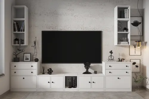 Leron Ikili Duvar Dolaplı Altı Kapaklı Dört Çekmeceli Tv Ünitesi Beyaz 292 Cm Tv 1291 Ç