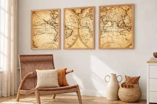 Premium Ahşap Çerçeveli Üçlü İskandinav Bohem Tablo Seti, Set10, 50X35Cm