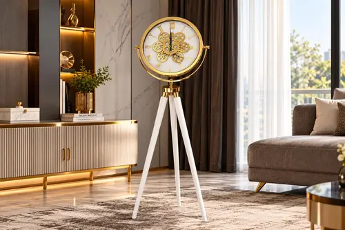 Muyika Çarklı Ahşap Ayaklı Gold Tripod Duvar Saati Gbgb