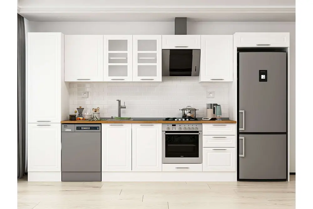 Alvinka 390X222 Cm Klasik Mebran Mutfak Dolabı, Mbb E90B50S50 3 Mebran Beyaz Mdf