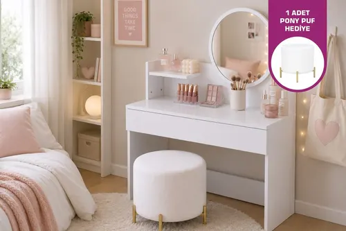 Urla Aynalı Ve Puflu Mini Makyaj Masası Seti, Beyaz