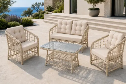Atakum 4 Kişilik Minderli Rattan Bahçe Balkon Oturma Grubu, Bej