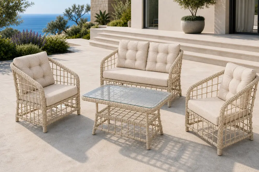 Atakum 4 Kişilik Minderli Rattan Bahçe Balkon Oturma Grubu, Bej