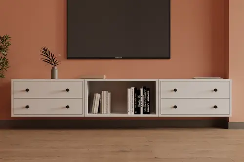 Leron 4 Çekmeceli Yüzer Tv Ünitesi Simetrik Açık Raflı Modern Salon Dolabı Mst Tvt 1047