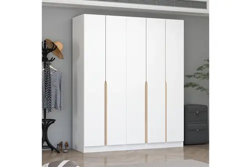 Alin 5 Kapaklı 2 Gizli Çekmeceli Gardırop Elbise Dolabı J Soft Kulp Beyaz