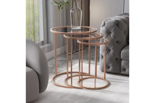 Marsah Home Zigon Sehpa Takımı, Yuvarlak, Bronz Metal Ayak
