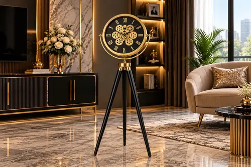 Muyika Çarklı Ahşap Ayaklı Gold Tripod Duvar Saati Gsgs