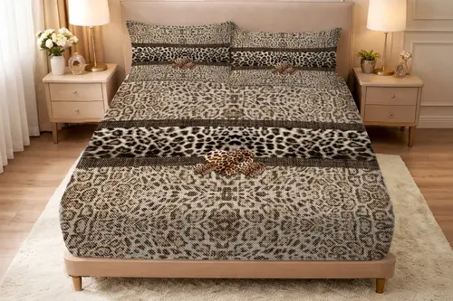 Leopar Fabric Lastikli Çarşaf, Bej, Tek Kişilik